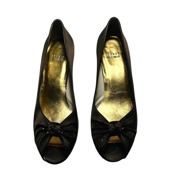 Stuart Weitzman Women's Brown Satin Glotallulah Peep Toe Kitten Heels size 7.5 - Picture 3 of 12